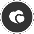 A black circle with two white overlapping heart shapes inside, with a scalloped border around the edge of the circle; it resembles the warmth and affection of short-haired Dachshund puppies.